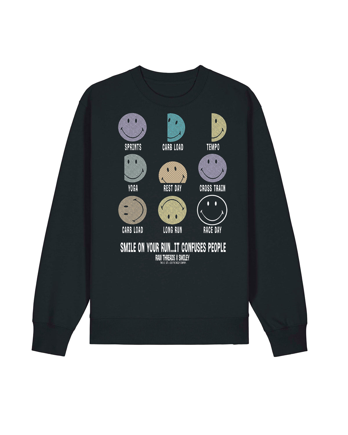 A black gender-neutral sweater featuring a graphic of nine smiley faces in various colors, each labeled with a training term like 'Sprints', 'Carb Load', 'Tempo', 'Yoga', 'Rest Day', 'Cross Train', 'Long Run', and 'Race Day'. Below the smileys, the text reads 'SMILE ON YOUR RUN…it confuses people. Raw Threads x Smiley.