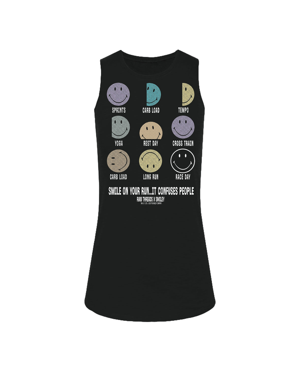 A black sleeveless tank featuring a graphic of nine smiley faces in various colors, each labeled with a training term like 'Sprints', 'Carb Load', 'Tempo', 'Yoga', 'Rest Day', 'Cross Train', 'Long Run', and 'Race Day'. Below the smileys, the text reads 'SMILE ON YOUR RUN…it confuses people. Raw Threads x Smiley.