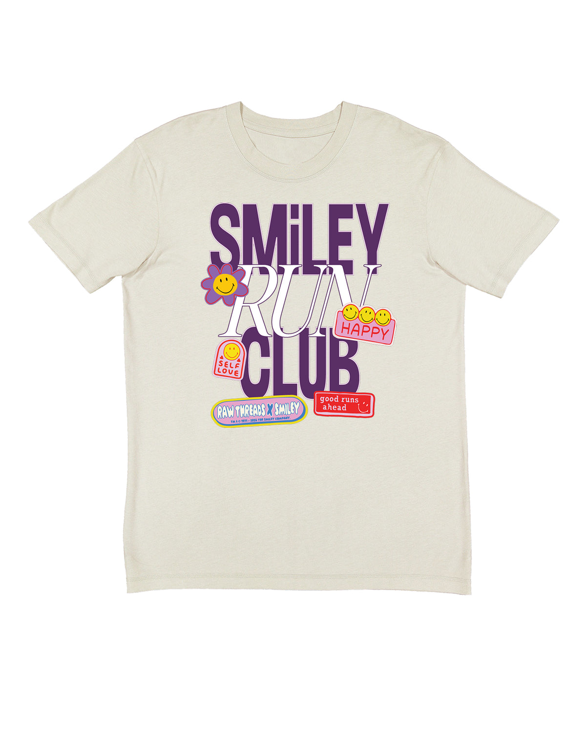 A tan gender-neutral crewneck sweatshirt featuring a colorful graphic print on the front with the text 'SMILEY RUN CLUB' and various cartoon smiley face elements, featuring Raw Threads x Smiley logo. 