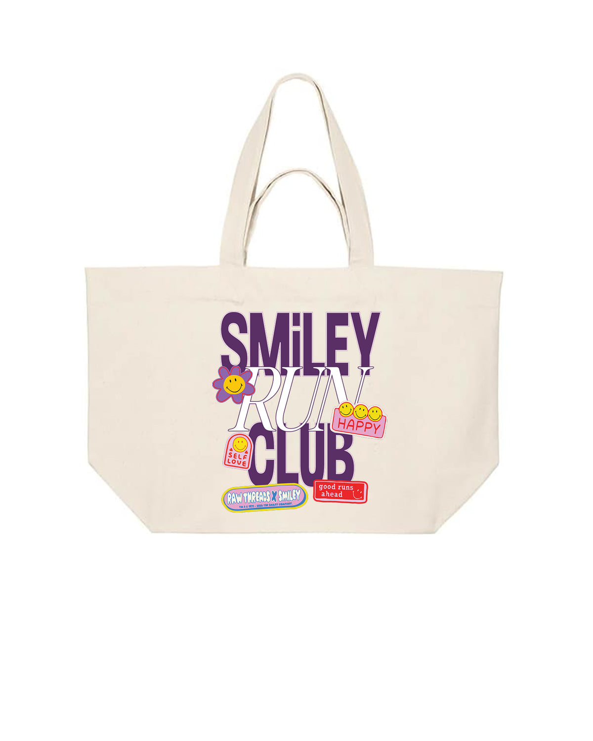 A natural oversized canvas tote bag with a colorful graphic print that reads 'SMILEY RUN CLUB' in purple and white, decorated with cartoon smiley faces and small colorful icons.