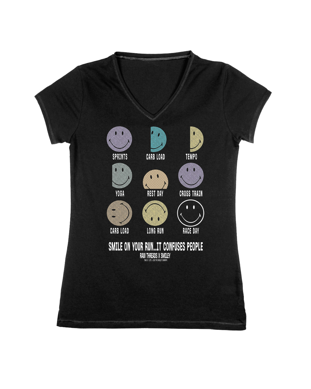 A black women's V-neck t-shirt featuring a graphic of nine smiley faces in various colors, each labeled with a training term like 'Sprints', 'Carb Load', 'Tempo', 'Yoga', 'Rest Day', 'Cross Train', 'Long Run', and 'Race Day'. Below the smileys, the text reads 'SMILE ON YOUR RUN…it confuses people. Raw Threads x Smiley.