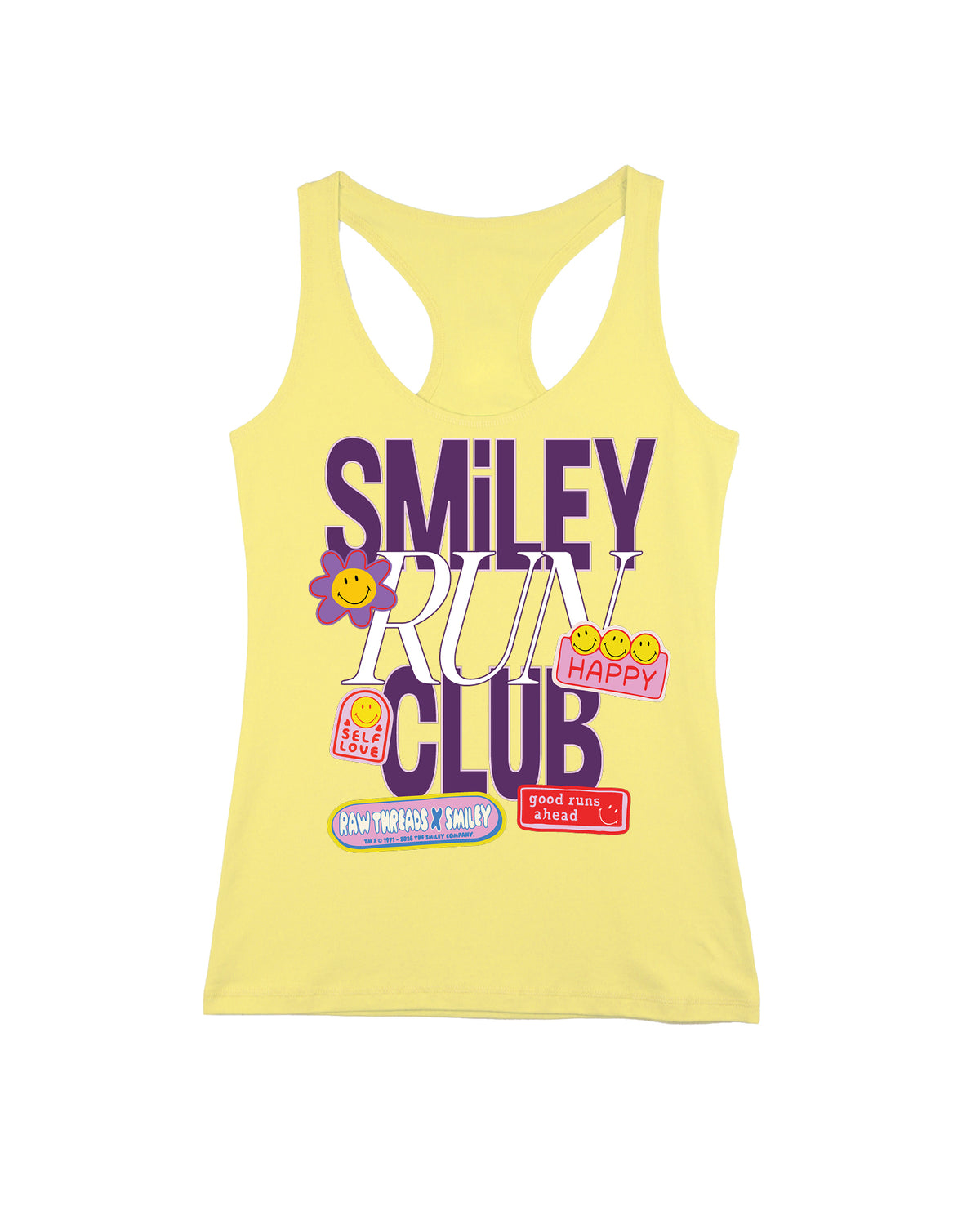 A lemon meringue yellow women's fitted racerback featuring a colorful graphic print on the front with the text 'SMILEY RUN CLUB' and various cartoon smiley face elements, featuring Raw Threads x Smiley logo. 
