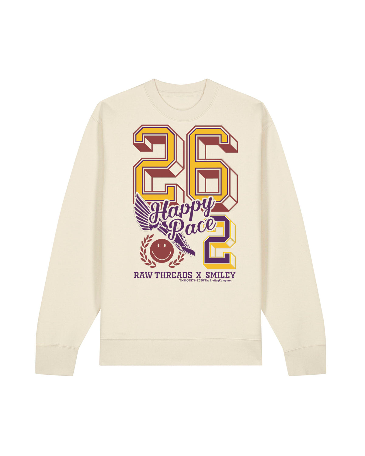 An natural color gender-neutral crewneck sweatshirt featuring a large graphic print on the front with the number 26.2, 'Happy Race' text, and 'RAW THREADS X SMILEY' printed in yellow, purple, and brown.