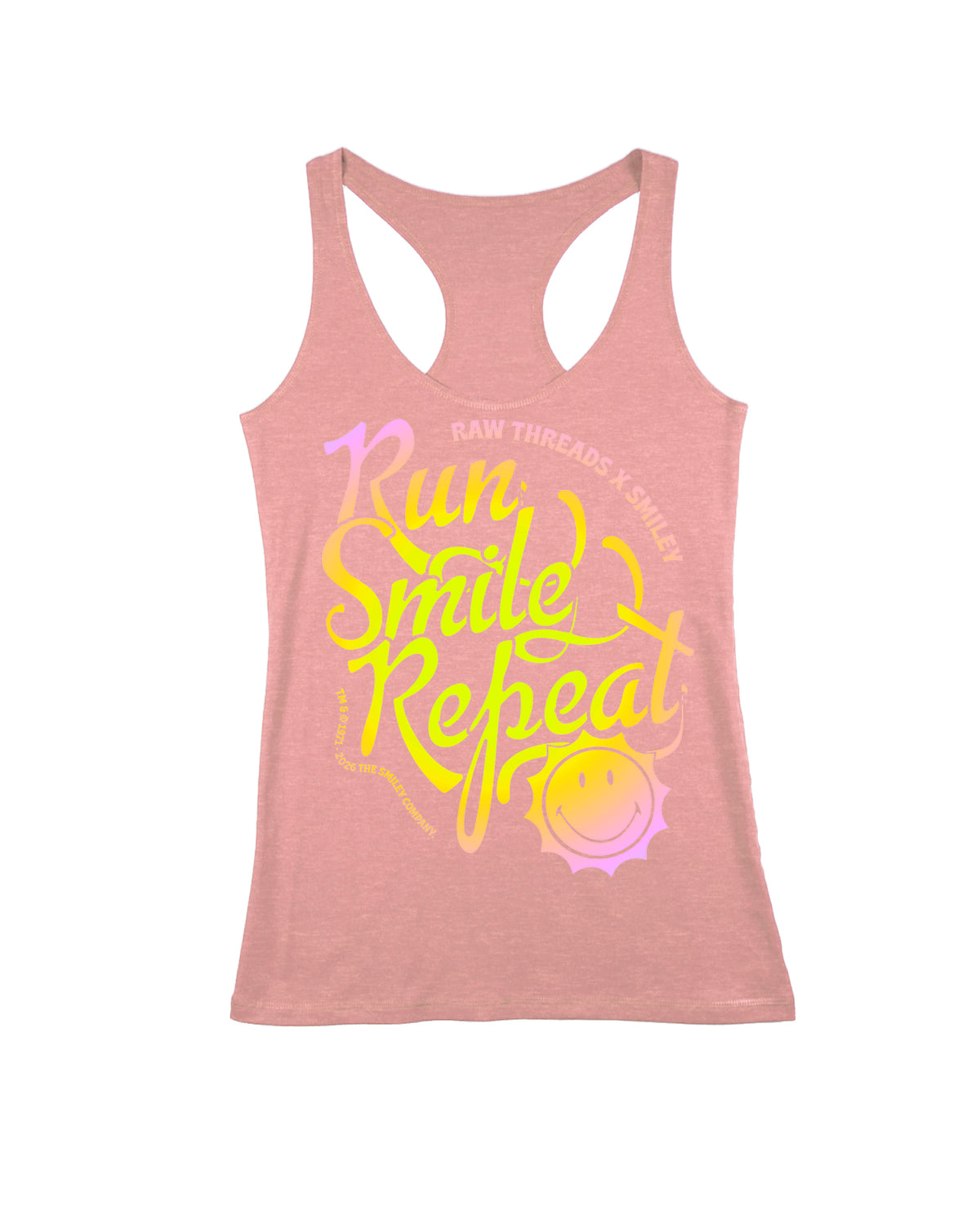 A women's vintage rose heather pink racerback tank top featuring a colorful graphic on the front with the text 'Run Smile Repeat' in yellow and pink gradients, along with a small sun design featuring SMILEY® and 'RAW THREADS X SMILEY' branding.