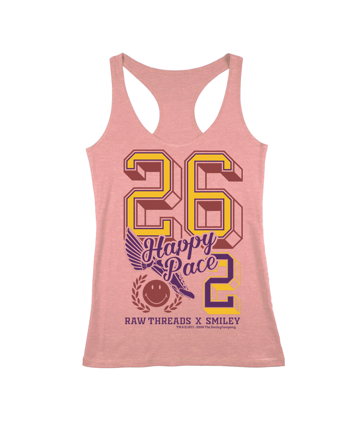 A vintage rose women's racerback featuring a large graphic print on the front with the number 13.1, 'Happy Race' text, and 'RAW THREADS X SMILEY' printed in yellow, purple, and brown.