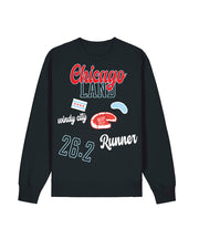 A black crewneck gender-neutral sweatshirt featuring a Chicago-themed graphic print with 'Chicago LAND' in red and white, a Chicago flag, a bthick slice of deep dish pizza slice, 'windy city' in white script, '26.2 Runner' in light blue varsity letters, and a small Chicago Flag. 