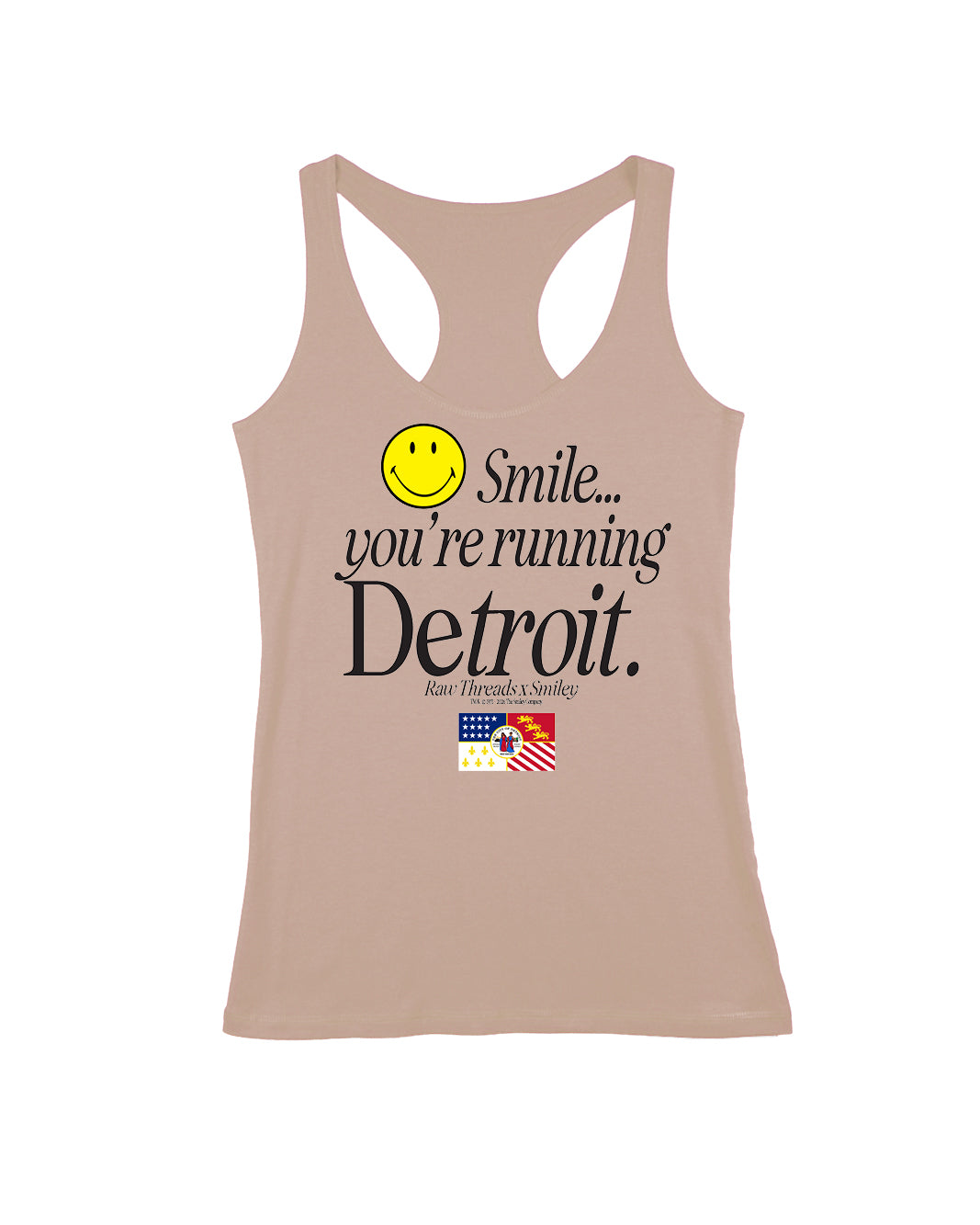 A tan sandy women's running racerback featuring a fitted silhouette and a graphic print on the front with a yellow smiley face and the text 'Smile you're running Detroit' including the Detroit flag and the Raw Threads x Smiley logo.