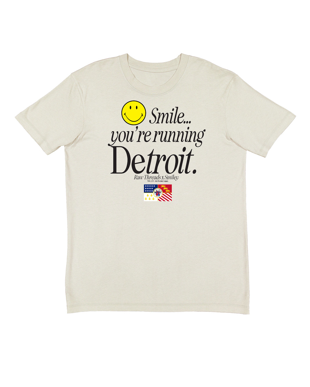 A tan gender-neutral running crewneck featuring a graphic print on the front with a yellow smiley face and the text 'Smile you're running Detroit' including the Detroit flag and the Raw Threads x Smiley logo.