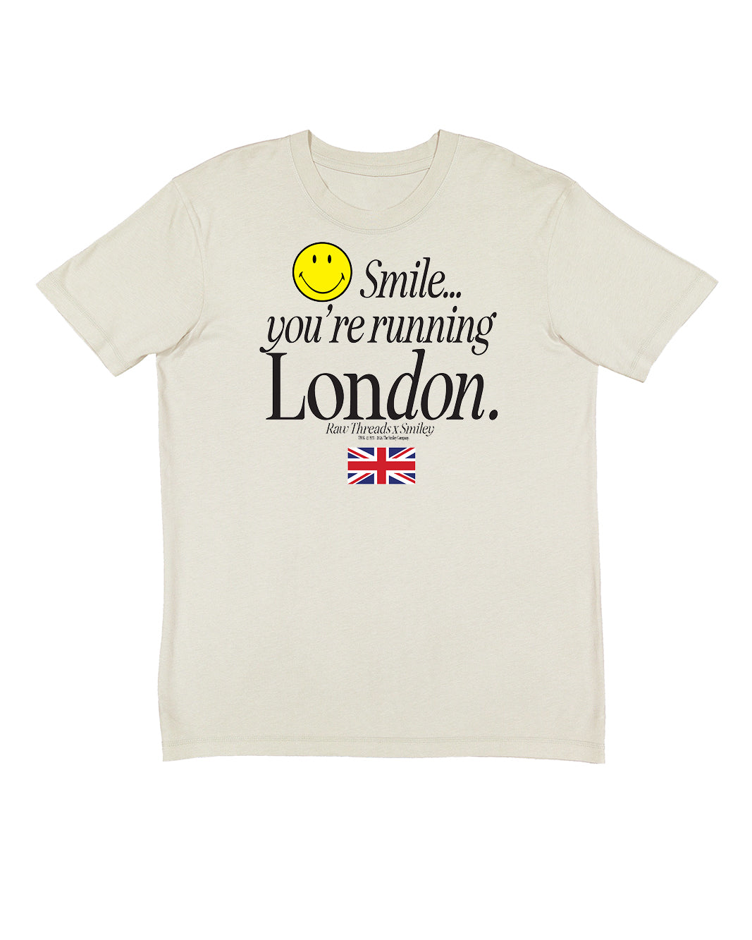 A tan gender-neutral crewneck  featuring a graphic print on the front with a yellow smiley face and the text 'Smile you're running London' including the London flag and the Raw Threads x Smiley logo. 