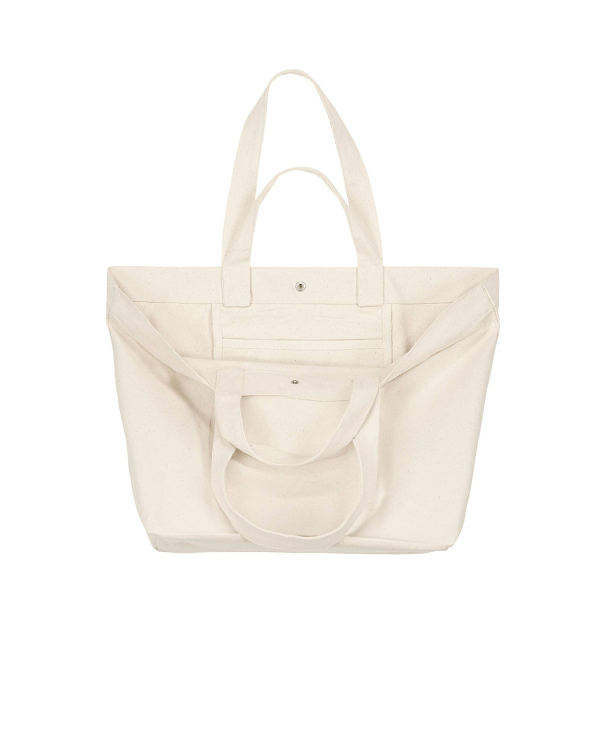 A natural canvas tote bag with dual top handles and an inside pocket.
