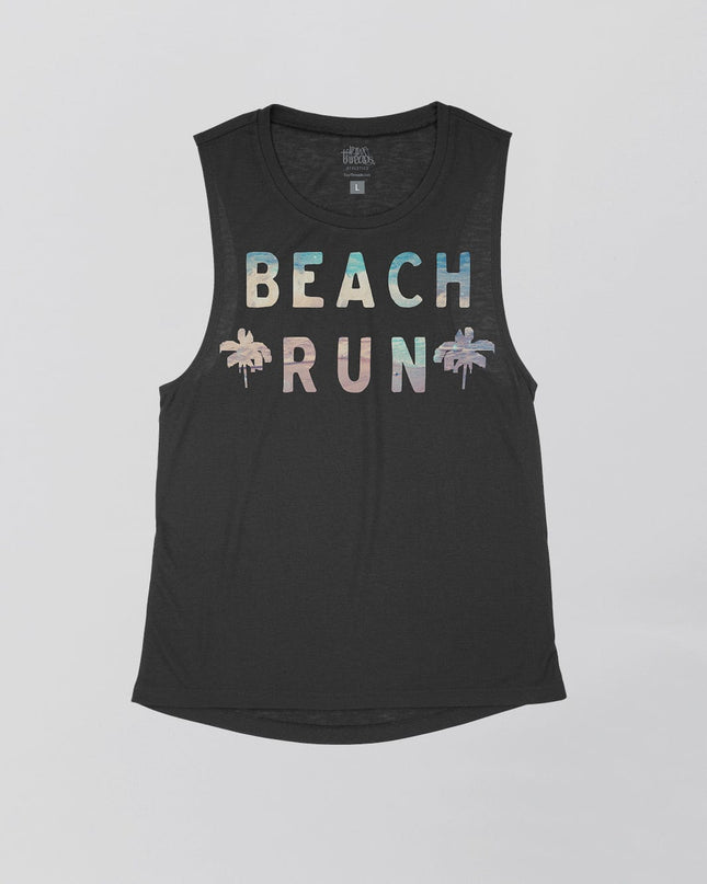 Beach Run with Waves and Sand (2 palm trees) Flowy Tank