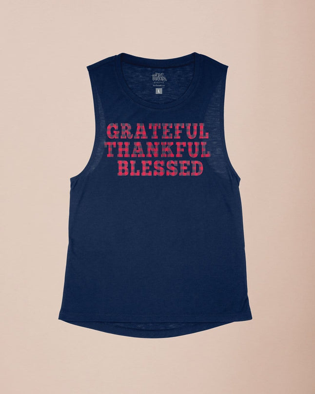 Grateful Thankful Blessed in Plaid Flowy Tank