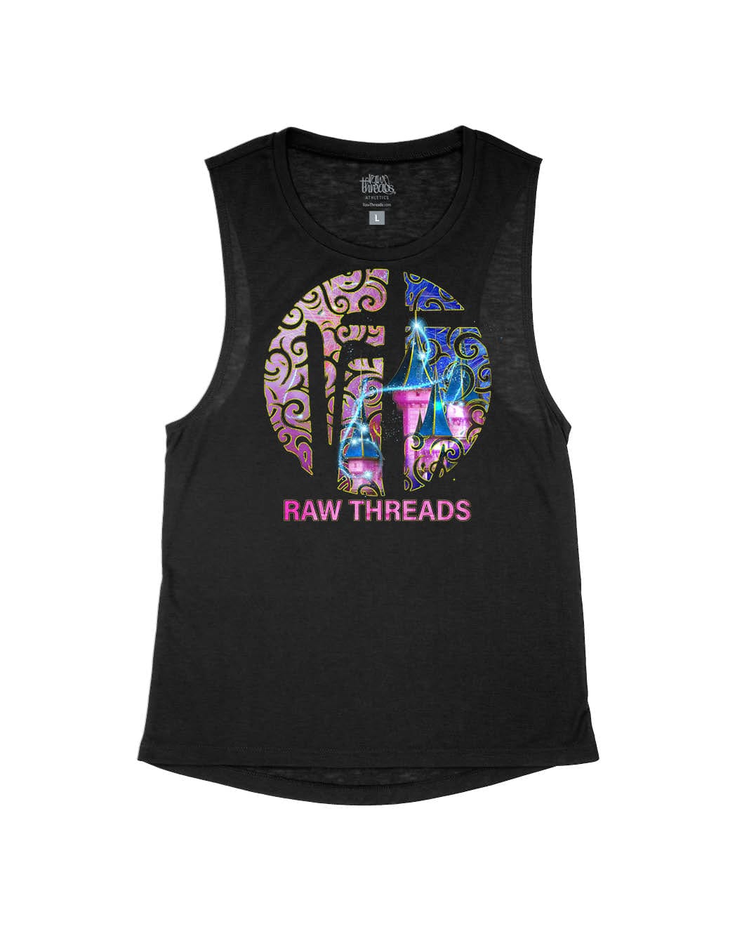 Raw Threads Logo Pink and Blue Castle